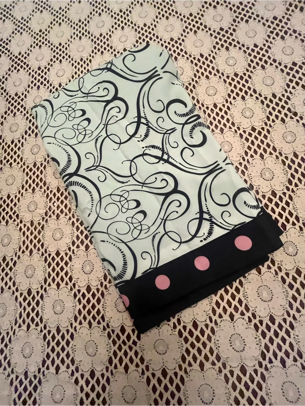 Black Scroll Pattern Square pillow sham with Pink Polka Dot Border
